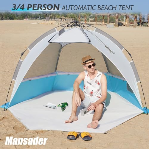 2-3 Person Large Instant Pop Up Beach Tent, UV Protection Portable Easy Setup Sun Shade Shelter, Extended Floor with 3 Ventilating Mesh Windows for Outdoor Camping Fishing (Light Blue)