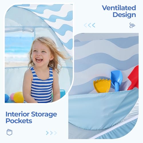 Pop Up Baby Beach Tent - Baby Tent for Toddler Beach Essentials with UPF 50+ UV Protection Canopy, Portable 41.4 x 35.5 x 31.5 in Sun Shade Summer Outdoor for Infants (Blue Wave Stripes) - color: Blue Wave Stripes