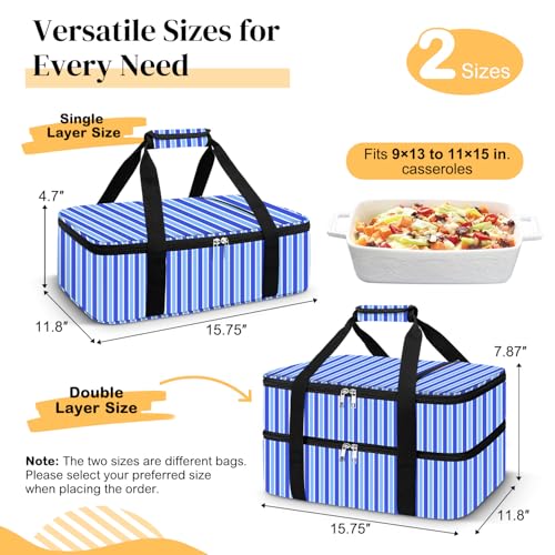 Coobiiya Insulated Casserole Carrier,Lasagna Lugger Tote Keeps Food Hot or Cold,Thermal Lunch Bag Warmer & Cooler Carrier Bag,Portable Tote Bag Fits 9" x 13" Baking Dish for Picnic and Cookout - color: Stripes, size: Single Layer: 15.75 × 11.8 × 4.7 in