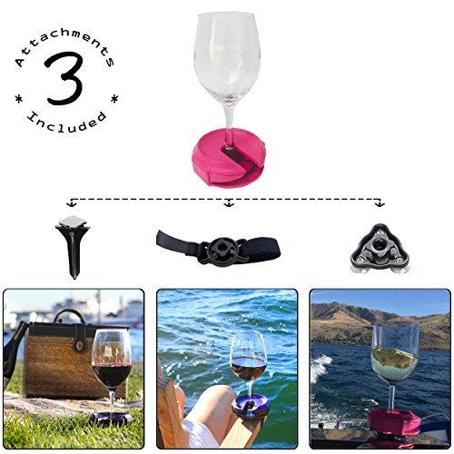 Outdoor Wine Glass Holder by Bella D’Vine – 3 Attachments Include Lawn Wine Stake for Picnics, Suction Base for Boats and Hot Tubs, Strap for Patio Chairs or Rails – Fun Wine Gift (White)