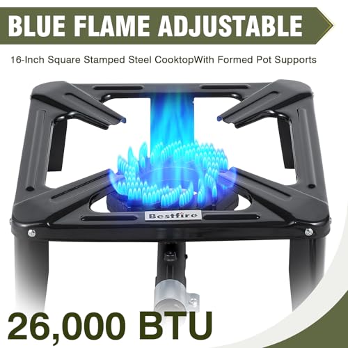 Bestfire High Pressure Propane Burner, 260000 BTU Single Propane Stove with 4.1ft 0-20Psi Adjustable Hose with Regulator, 16" Square Steel Cooktop for Camping - color: 16" propane burner