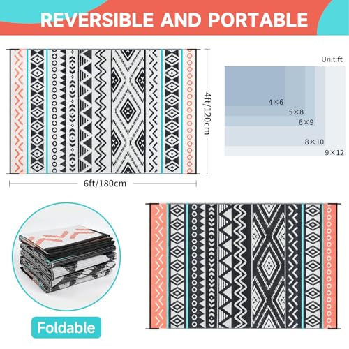 Outdoor Rugs Patio Camping Waterproof - 4x6 Plastic Straw Patio Rug Portable for Campers, Outside RVs Mat, Outdoor Area Carpet for Patios Clearance, Backyard Porch, Balcony, Picnic - color: Black Red, size: 4' x 6' (Rectangular)