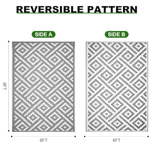 RURALITY Outdoor Rugs 6x9 Feet for Patios Clearance,Plastic Straw Waterproof Mats for Backyard,Porch,Deck,Balcony,Grey&White - color: Cross-grey&white, size: 6' x 9' (Rectangular)