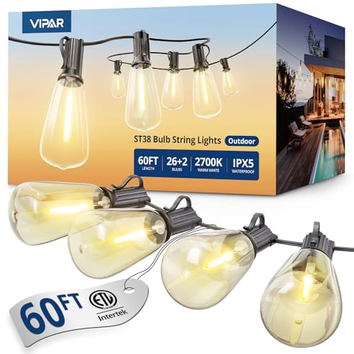VIPAR Outdoor String Lights 60FT LED Patio Lights LED Waterproof with 26+2 Shatterproof ST38 Edison Bulbs, 2700K Connectable Outside Hanging Light for Porch, Garden, Backyard, Deck, Balcony, Decor - size: 60FT