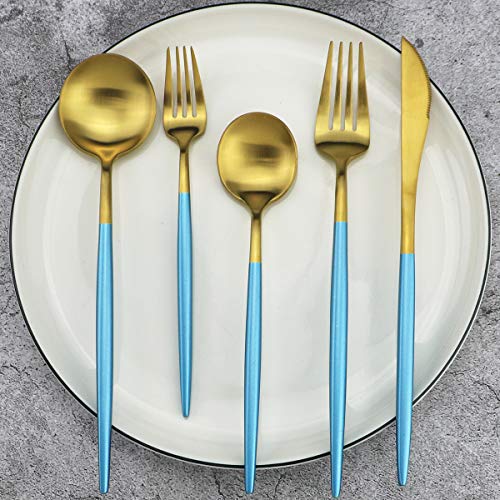 20-Piece 18/10 Stainless Steel Flatware Silverware, Luxury Dinnerware Set Travel Cutlery Tableware Include Knife Fork Spoon Service for 4, Dishwasher Safe (Blue Handle Matte Gold) - color: Blue Handle Gold, size: Service for 4
