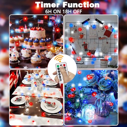 4th of July Decoration Lights, 3 Pack Red White and Blue Fairy Lights Battery Operated with Remote & Timer, Waterproof Patriotic Light Indoor Outdoor 8 Modes for Independence Day Anniversary Memorial - color: Red & White & Blue, size: 3 Pack 80led