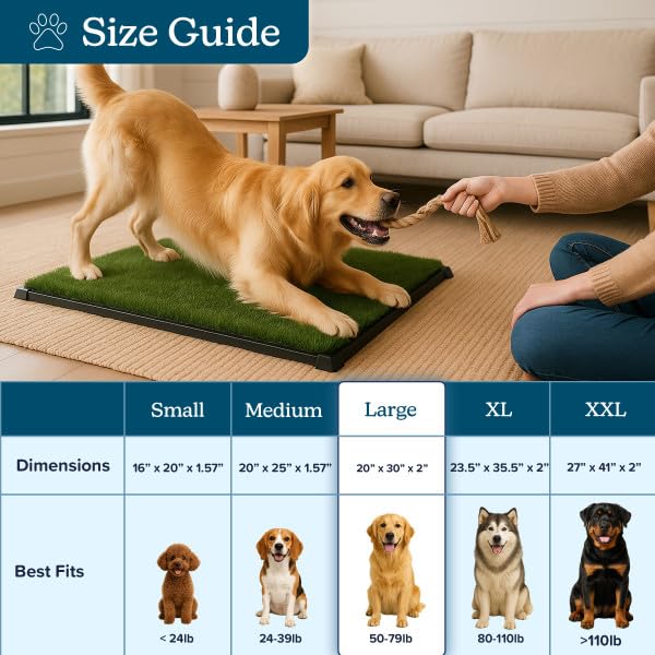 PETMAKER Artificial Grass Puppy Pee Pad for Dogs and Small Pets with Tray - 20x30 inches Washable 3-Layer Reusable Indoor Dog Potty Grass Training Pad, Easy Clean Pet Housebreaking Potty Solution - size: Large 3-layer System