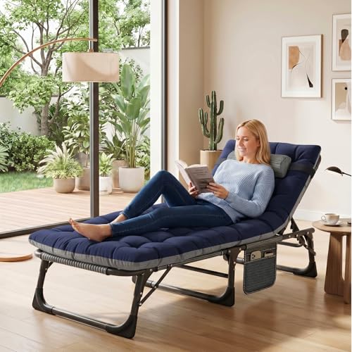 ABORON 3-in-1 Folding Patio Lounge Chair, 440LB Heavy-Duty Tri-Fold Guest Bed with Plush Cotton Cushion, No Assembly Adjustable Recliner for Office Nap, Patio Sunbathing, Poolside & Camping - color: River Astral