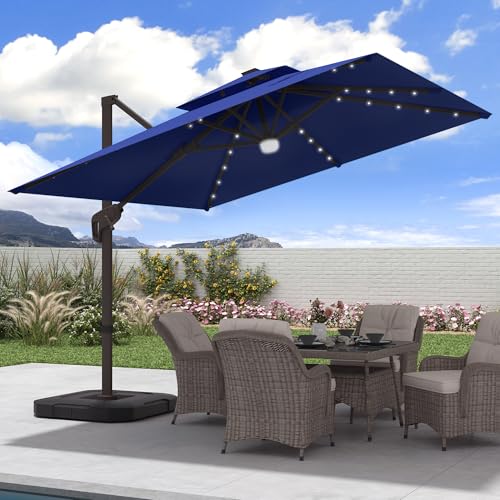 JZAC & QZYD 9x9 FT Outdoor Cantilever Patio Umbrella with Solar LED Lights, Large Heavy Duty 2-Tier Canopy Square Aluminum Offset Umbrellas with 360-Degree Rotation for Pool Deck Backyard, Navy - color: Navy, size: 9'×9'