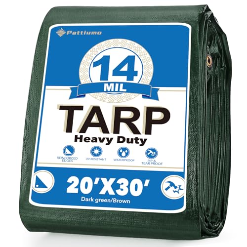 Pattiumo Tarp Waterproof 20 X 30 FT 14 Mil Heavy Duty Tarp Multipurpose Tarps Heavy Duty Waterproof Protective Cover UV All Weather Resistant for Shelter Camping, Green/Brown - color: Green/Brown, size: 20x30ft