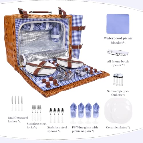 Neti Neti Wicker Picnic Basket for 4 with Insulated Cooler & Waterproof Blanket – Large Willow Picnic Hamper for Outdoor, Camping, Beach, Romantic Dates, Valentine’s Day - color: Blue Plaid