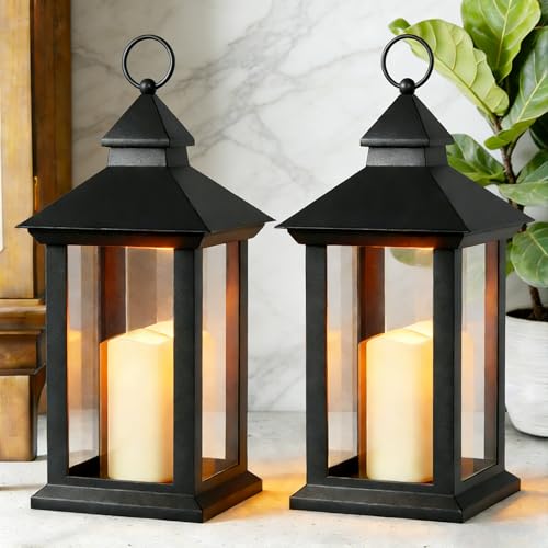 JOIONE Lanterns Decorative Indoor, 2 Packs 14" Battery-Powered Waterproof Black LED Candle Lanterns with Timer for Patio & Outdoor, Vintage Hanging Lantern for Home Decorations, Transparent - style: Transparent Decorative Lantern
