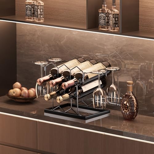B4Life Countertop Wine Rack 3 Tier, Wine Rack with Glass Holder 8 Bottles, Freestanding Small Liquor Holder Metal, Tabletop Bottle Storage Stand for for Home, Kitchen, Bar, Cellar (Black, 8 Bottles) - color: Black