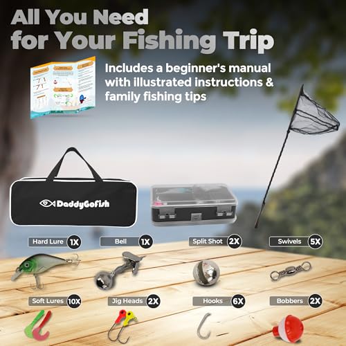 DaddyGoFish Kids Fishing Pole - Rod Reel Combo Tackle Box Starter Set - First Year Small Gear Kit for Boys Girls Toddler Youth Age Beginner Little Children - color: Black (Essential Set), size: 4ft