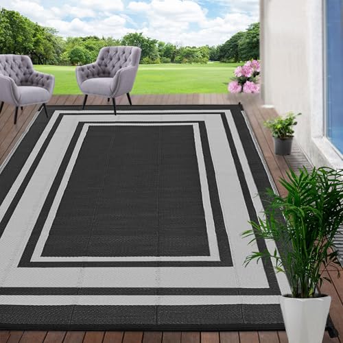 RURALITY Plastic Straw Outdoor Mats 5 ft by 8 ft for Patios Waterproof Rugs for Backyard,Porch,Deck,Balcony,Reversible,Black and White - color: Panel-black&white, size: 5' x 8' (Rectangular)