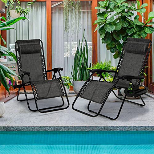 Goplus Zero Gravity Lounge Chairs, 160°Adjustable Folding Recliner w/Pillow and Cup Holder, 350LBS Comfy Outdoor Lounge Chairs for Patio, Lawn, Yard & Camp(1, Gray) - color: Grey, size: 35.4" x 25.2" x 43.3" (Set of 1)