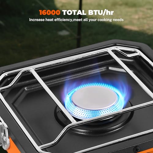 Adjustable 2-Burner Portable Stove with 16000 BTU, with Camping Grill and Carrying Bag, Portable Propane Camp Stove with 2 Burners & Piezo Ignition for Camping, Backyard BBQ,Tailgating (Orange) - color: orange