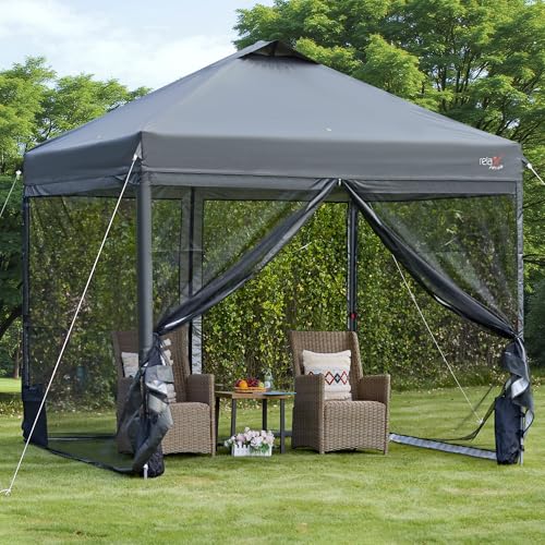 10x10 Pop Up Canopy Tent with Mosquito Netting, Outdoor Portable Screen Tent for Yard, Party, Camping and Picnic, 3 Height Positions, Patio Gazebo with Roller Bag and 4 Sandbags - color: Gray