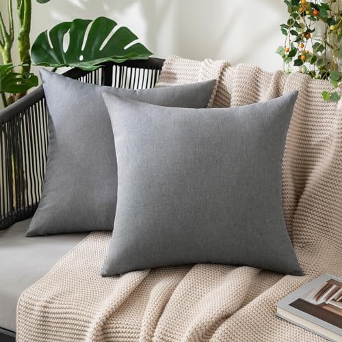 MIULEE Pack of 2 Decorative Outdoor Solid Waterproof Throw Pillow Covers Faux Linen Garden Farmhouse Cushion Cases for Patio Tent Balcony Couch Sofa 16x16 Inch Light Grey - color: Light Grey, size: 16" x 16" (Pack of 2)