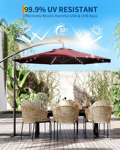 Jojoka 10FT Cantilever Patio Umbrella with Solar LED Lights - Offset Outdoor Umbrella - Easy Lift & Tilt - UV Protection - Fade Resistant - Ideal for Deck, Pool, Garden - color: Wine Red