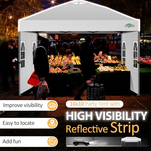 COBIZI 10x10 Pop up Canopy Tent with Sidewalls, One Push Setup, Waterproof & UV 50+ Outdoor Commercial Event Gazebo with Air Vent, Reflective Strip, 4 Sandbags Tents for Parties/Backyard/Camping,White - color: White(1-year warranty), size: 10x10