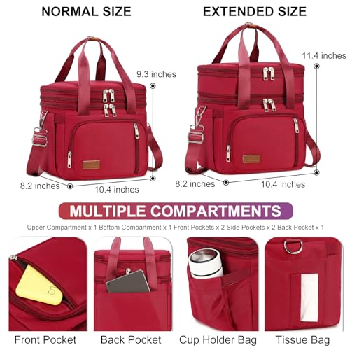 MAPLELILY Lunch Box for Men Women - Double Deck Insulated Lunch Bag, Large Leak Proof Tote Cooler, Wide Open Dual Compartment Lunch Bags with Shoulder Strap, For Work Picnic Hiking Beach, Red - color: Red