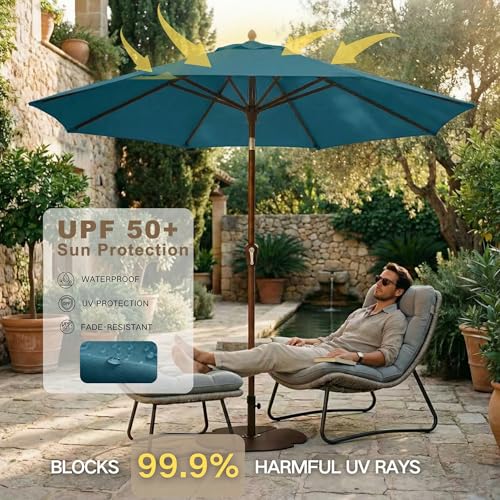 Kingdura 9FT Outdoor Patio Umbrella, Market Table Umbrella with Push Button Tilt and Crank, 8 Sturdy Fiberglass Ribs, UV Protection for Pool, Lawn, Deck, Backyard, Garden (Lake blue) - color: Lake blue, size: 9 Ft