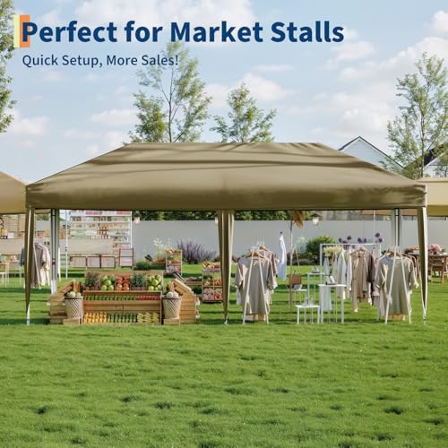 10x20 Pop Up Canopy - Easy Up Camping Tent with One Roller Bag, 3 Adjustable Height, 4 Weight Bags for Deck, Garden, Sports, Beach, Party - Tan - color: Brown, size: 10x20