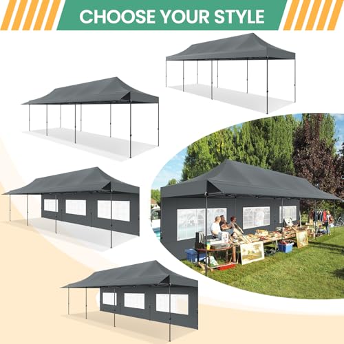 COBIZI 10x30 Pop Up Canopy Tent with Awning & Sidewalls, Heavy Duty Commercial 10X30 Canopy Tents Instant Waterproof, UPF 50+ Sun Shade for Outdoor, Parties, Markets (Gray) - color: Gray, size: 10x30FT with 5 Sidewalls & 3 Awning Cloth
