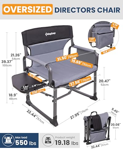 KingCamp XXL Heavy Duty Camping Directors Chair 550lbs Capacity, Extra Wide Oversized Camp Chairs with Side Table & Cooler Bag, Compact Padded Folding Chair for Big and Tall Outdoor Sports Picnic Lawn - color: Oversize Black/Grey, size: XX-Large