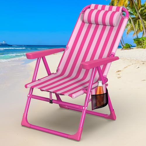 Suteck Backpack Beach Chair, 6-Positions Beach Chairs for Adults with Cooler Bag, Reclining Beach Chair with Cup Holder Folding Camping Chair for Sand Outdoor - color: Striped Pink