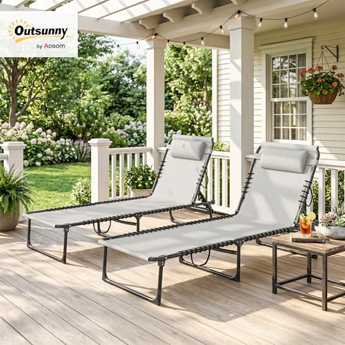 Outsunny Folding Chaise Lounge Chair Set of 2, Patio Sun Tanning Chair, Outdoor Chaise Lounger with 4-Position Reclining Back, Breathable Mesh Seat for Beach, Poolside, Cream - color: Cream White, size: 2 Packs