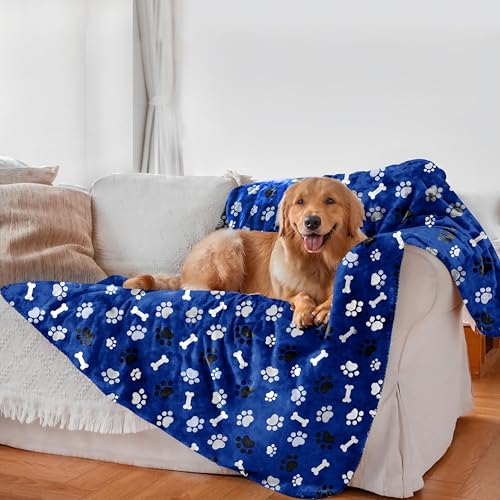 Waterproof Dog Blanket, Pattern Printing Super Soft Warm Fluffy Facecloth Sofa Car Bed Protector, Urine Proof Washable Outdoor Pet Blanket for Puppy Large Dogs & Cats(paw & Bone80*60) Blue - color: Blue | Bone, size: X-Large