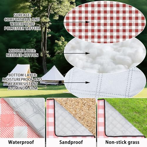 Large Cute Gingham Picnic Blanket Outdoor Waterproof Camping Picnic Mat Foldable Sand Proof Beach Blanket 77"X58" Portable Rug for Picnics Beach Lawn Grass Hiking Concerts Tent Play Mat, Red & White - color: Red & White Plaid