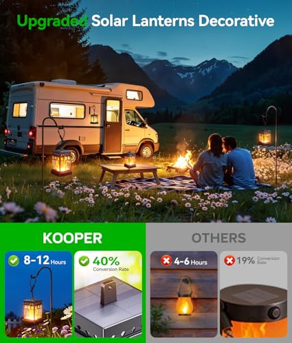 KOOPER Hanging Solar Lanterns Outdoor Waterproof, 4PCS Flickering Flame Hanging Solar Lights for Outside, Outdoor Solar Lanterns up to 12 Hours, Lanterns Decorative for Patio Porch Yard Garden Decor - style: 4 Pack