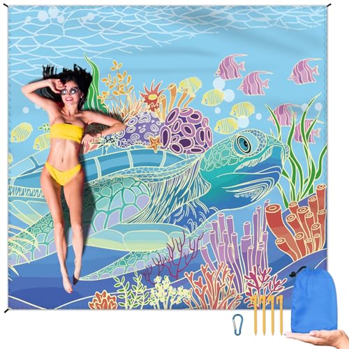 Beach Blanket Waterproof Sandproof Large Beach Mat 79" X 83" for 2-4 Adults Sand Free Mat Quick Drying,Lightweight & Durable with 4 Stakes & 4 Corner Pockets for Beach Travel Camping.(Sea Turtle) - color: Sea Turtle, size: 79" X 83"