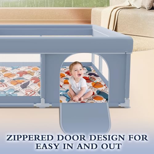 XVISHX 74 x 50 Inch Baby Playpen with Mat, Playpen for Babies and Toddlers, Baby Playard for Indoor & Outdoor Active Center Game Fence, with Skin-Friendly Fabric and Soft Breathable Mesh, Grey - size: 74 × 50 Inch+MAT