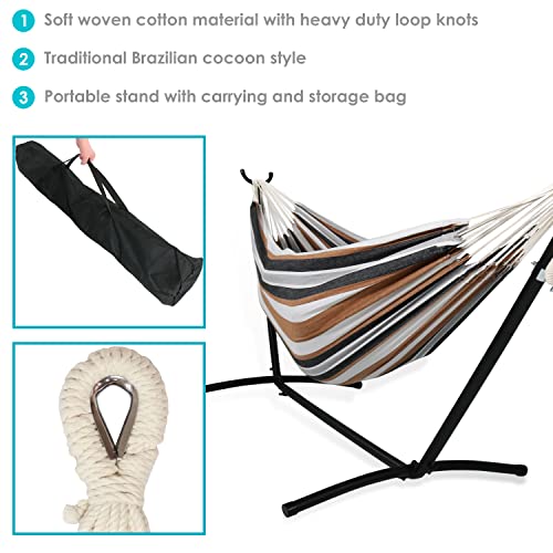 Sunnydaze Double Brazilian Hammock with Stand and Carrying Case - 400-Pound Capacity - Black Stand - Calming Desert - color: Calming Desert