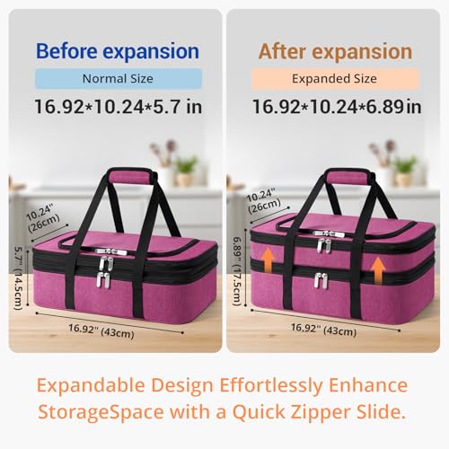 Insulated Double Casserole Carrier - Portable Casserole Carriers for Hot or Cold Food Lunch Tote Warmer or Cooler Bag for Potluck Parties Picnic Cookouts, Fits 9" x 13" Baking Dish - Pink - color: Pink