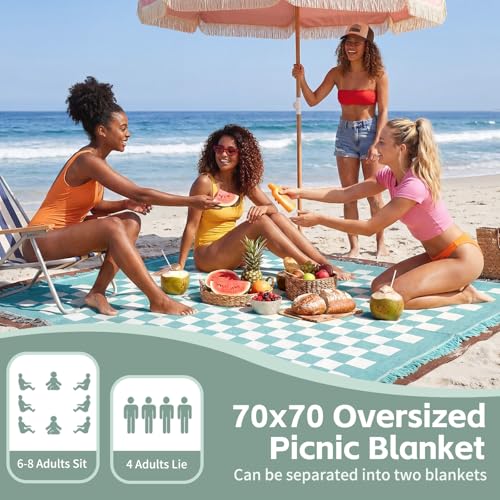 2 in 1 Extra Large Boho Beach Blanket Towel Picnic Camp Mat Family Beach Trip Essentials Summer Vacation Must Have Travel Accessories Lake Day Necessities Stuff Thing Need Gear Gift Item Gadget 2026 - color: Checkered Aqua
