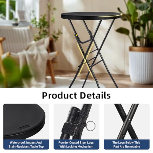 Byliable Cocktail Table 28in High Top Round Folding Indoor Outdoor, Plastic Bar Height Foldable Bistro Tall Table for Party, Patio, Dining Room, Kitchen, Events, Removable Locking Legs, Black - color: Black, size: 28×43 in