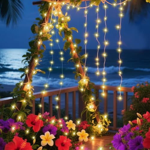ANGMLN Solar Fairy String Lights Outside, 10 Strand 200 LEDs 8 Modes Watering Can Light for Outdoor（No Can）, Firefly Bunch Lights Waterproof Solar Powered Waterfall Lights for Garden Decor - style: Waterfall String Lights Warm White
