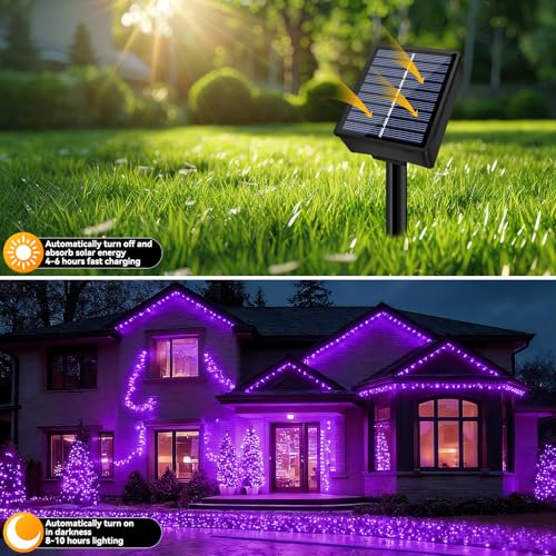 Solar String Lights Outdoor Waterproof 2 Pack Total 66ft 200LED 8 Modes Twinkle Lights Solar Fairy Lights for Patio, Garden Yard Party Wedding Tree Christmas Halloween Decoration, Purple - color: Purple