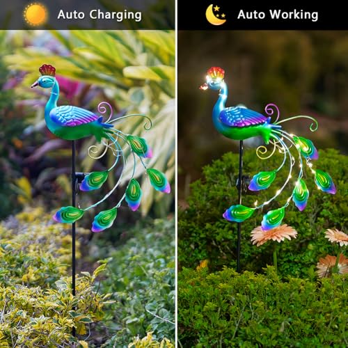 DREAMSOUL 2 Pack Metal Peacock Solar Lights Outdoor Waterproof LED Solar Lights, Decorative Garden Stakes for Yard Pathway Peacock Decor - color: Vibrant-2pack