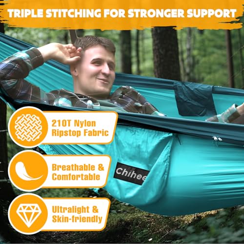 Chihee Ultra-Light Travel Camping Hammock Pop-up Net Hammock 660lbs Load Capacity,Breathable,Quick-Drying Parachute Nylon 2 Premium Carabiners,2 Tree Slings Included for Outdoor Backpacking Hiking - color: Blue/Dark Blue