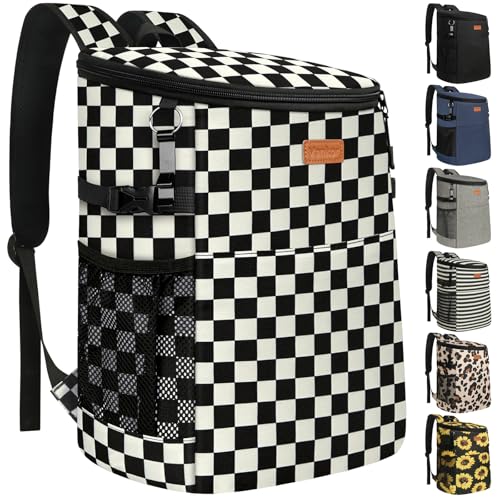 Camping Cooler Backpack 30 45 Cans, Soft Backpack Coolers Insulated Leak Proof Travel Cooler Bag Waterproof Lunch Picnic Beach Work Trip Thermal Bag Drink Beverage Beer Bag Cooler - color: Black White Checkered, size: 30 Cans