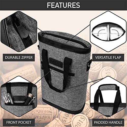 opux Two Bottle Wine Bag Carrier Tote, Insulated Leakproof 2 Bottle Wine Cooler Bag for Travel BYOB Picnic, Portable Wine Case, Gift for Men Women Wine Lover Birthday Party Christmas, Heather Grey - color: Heather Gray
