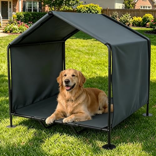 Dog Canopy with Raised Bed for Outdoor, 3.3' x 2.9' x 3.5' Large Dog House Shade Outdoor Indoor, Pet Shade with Removable Waterproof Shelter Cover, Portable Pet House for Camping, Patio, Yard - color: Grey, size: Large