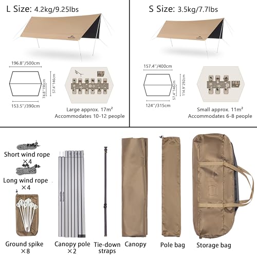 Naturehike PU18000MM+ Heavy Duty Waterproof Camping Tent Tarp with Poles, 12x16ft 6-12 Person Large Camping Awning, Anti-UV UPF2000+ Camping Sun Shelter Canopy for Travel, Beach, Car Camp - size: Small