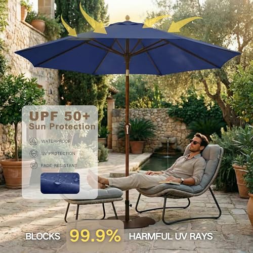 Kingdura 9FT Outdoor Patio Umbrella, Market Table Umbrella with Push Button Tilt and Crank, 8 Sturdy Fiberglass Ribs, UV Protection for Pool, Lawn, Deck, Backyard, Garden (Navy blue) - color: Navy blue, size: 9 Ft